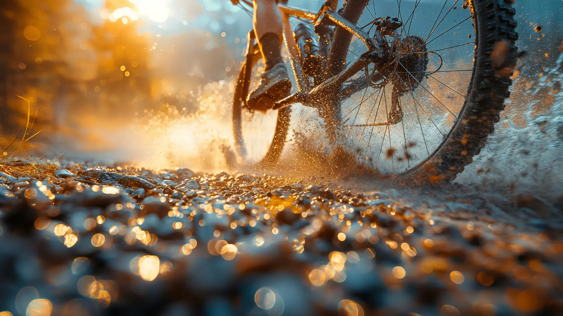 Mountainbike wirbelt auf einem Trail im Abendlicht Schotter und Wasser auf